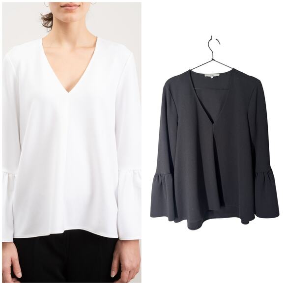 Tibi Structured Crepe V‎ Neck Ruffle Top Black Small Basic Staple Minimal Luxury - Picture 1 of 11